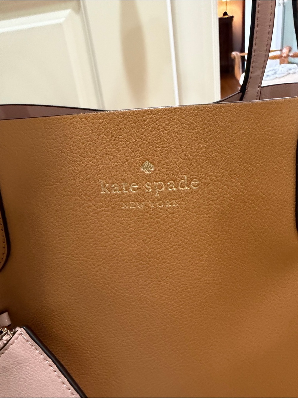 kate spade Caramel Tan Leather Tote with Pale Pink Accent
